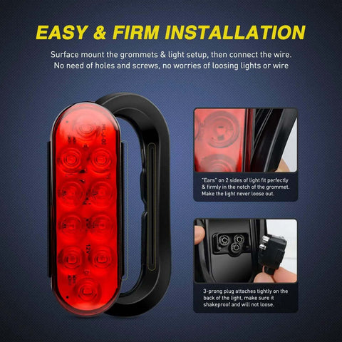 Close-up of 6 Inch Oval Red LED Tail Lights 2 Pack With Surface Mount Grommets IP65 Waterproof for RV Truck Jeep installation