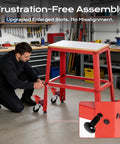 Man assembling Heavy Duty Rolling Tool Platform With Smooth Glide Casters Universal Mobile Work Bench Stand For Drill Press And Miter Saw Setup Up To Seven Hundred Pounds Capacity Garage Shop Dog Upgrade.