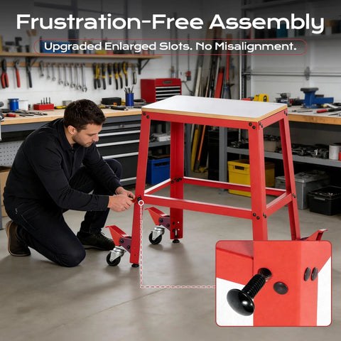 Man assembling Heavy Duty Rolling Tool Platform With Smooth Glide Casters Universal Mobile Work Bench Stand For Drill Press And Miter Saw Setup Up To Seven Hundred Pounds Capacity Garage Shop Dog Upgrade.