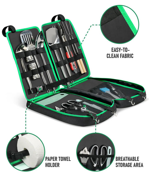 Portable 16-Piece Camping Kitchen Set With Grill Accessories For RV Trips, Hiking, Picnics, And Backpacking in open case