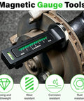 Pro Grade Universal Wheel Alignment Tool With Strong Magnetic Mount And Hella Accurate Negative 5 To 5 Degree Camber Adjustments For Smooth Ride Tuning And Quick Garage Fixes In Black mounted on brake rotor.
