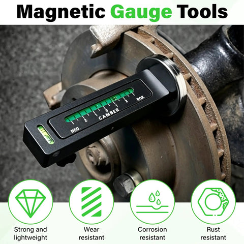 Pro Grade Universal Wheel Alignment Tool With Strong Magnetic Mount And Hella Accurate Negative 5 To 5 Degree Camber Adjustments For Smooth Ride Tuning And Quick Garage Fixes In Black mounted on brake rotor.