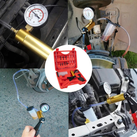 All In One Brake Vacuum Pump Kit With Hand Bleeder And 30 InHg Gauge For Easy Brake Fluid Bleeding And System Testing Pro Grade Vacuum Bleeder Tool Set That Delivers Quick Precise Results For Home Auto Maintenance. Brake bleeder kit in use on car brake calipers and reservoirs