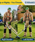 Ergonomic Weed Eater Kit With Long Handle And Cushioned Harness For No Sweat Yard Work Universal Fit shown in use by left and right-handed gardeners.