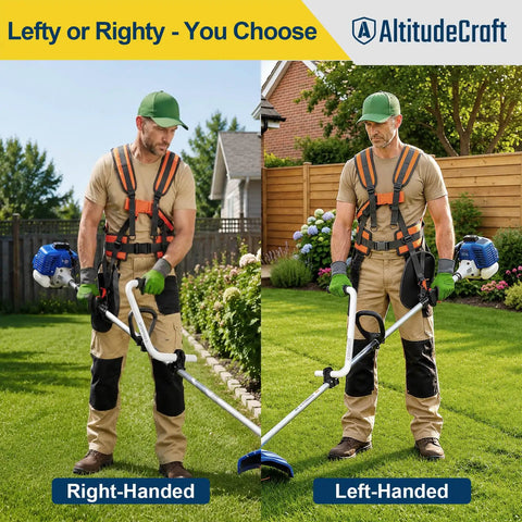 Ergonomic Weed Eater Kit With Long Handle And Cushioned Harness For No Sweat Yard Work Universal Fit shown in use by left and right-handed gardeners.