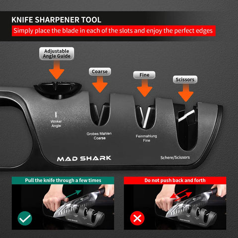Six Position Adjustable Heavy Duty Knife Sharpener With Coarse And Fine Slots Handheld Manual Sharpening Tool For Kitchen Knives Pocket Knives And Scissors Large Black Everyday, showing adjustable angle guide and slots for sharpening and honing.