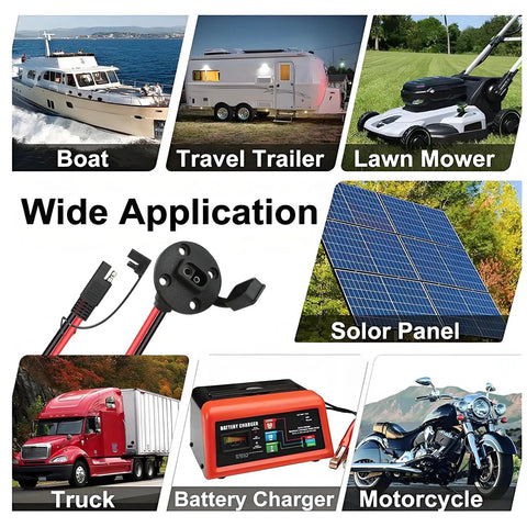 2-Pack SAE Quick Connector Harness 1Ft 10AWG SAE Adapter shown with boat, travel trailer, lawn mower, solar panel, truck, charger, motorcycle