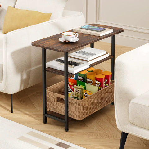 Tiny Footprint 3 Tier End Table With Wide Storage Surface For Small Spaces Rustic Brown Narrow Side Table beside sofa