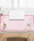 Oversized Pink Scalloped Desk Pad For Keyboard And Mouse, 31.5 Inch By 15.7 Inch PU Leather Mouse Mat With Waterproof Checkered Pattern