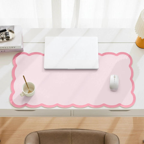 Oversized Pink Scalloped Desk Pad For Keyboard And Mouse, 31.5 Inch By 15.7 Inch PU Leather Mouse Mat With Waterproof Checkered Pattern