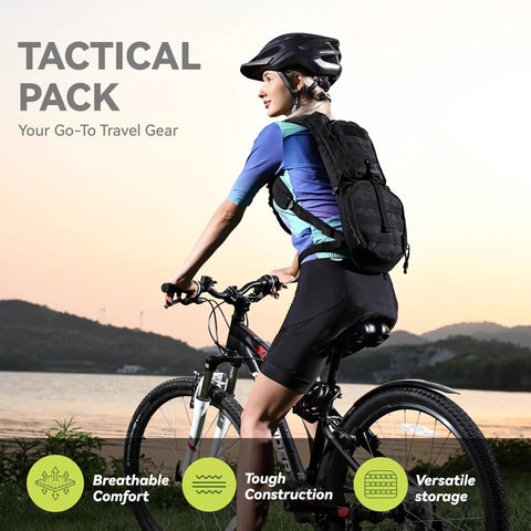 Cyclist wearing Tactical MOLLE Hydration Pack Backpack With 3L TPU Water Bladder For Cycling Hiking Running Climbing Hunting And Biking
