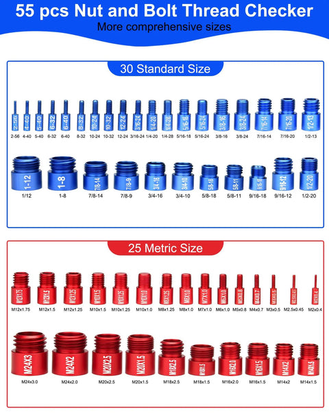 Image of a 55 Piece Pro Grade Thread Checker Kit With Bolt Size Gauge And Nut And Bolt Measuring Tool, 25 Metric And 30 Standard sizes.