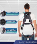 Back view of Fall Protection 5 Point Safety Harness With 1D Ring Quick Connect Buckle Grommet Leg Openings Sewn In Back Pad black size 3XL