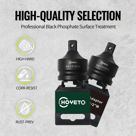 Two black phosphate 3/4 to 1/2 inch impact socket adapters with high-hard, corr-resist, and rust-prev features, logo displayed.