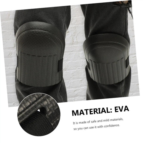 Close-up of Hella Tough Dual Knee Guards For Mechanics And Tradesmen, black EVA material, shown on knees for durability.