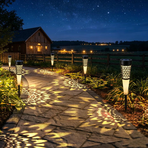 Solar Torch Lights Outdoor With Flickering Flame For Pathways And Garden Waterproof Landscape Lighting casting glow on path