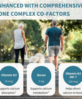 Red Algae Calcium Magnesium Complex With K2 D3 And Boron For Strong Bones And Bone Health Real Deal High Absorption Minerals Split Dose For Boosted Uptake Optimized Two To One Algae Ratio Vegan Non GMO 60 Tablets supplement benefits image displaying vitamin D3, boron, and vitamin K2 information.