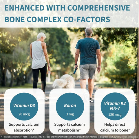 Red Algae Calcium Magnesium Complex With K2 D3 And Boron For Strong Bones And Bone Health Real Deal High Absorption Minerals Split Dose For Boosted Uptake Optimized Two To One Algae Ratio Vegan Non GMO 60 Tablets supplement benefits image displaying vitamin D3, boron, and vitamin K2 information.