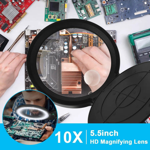 Lighted Floor Magnifier With Stand Featuring 10X And 20X Lenses, 36 LED Dimmable Gooseneck Reading Lamp used for electronics repair