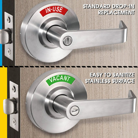 Vacant Or In Use Bathroom Indicator With Privacy Handle Lock And Extra Large Window ANSI Grade 2 Stainless Steel See From 50 Feet No Guesswork For Restrooms Crowd Control Ready For Office And Public Use on wooden door