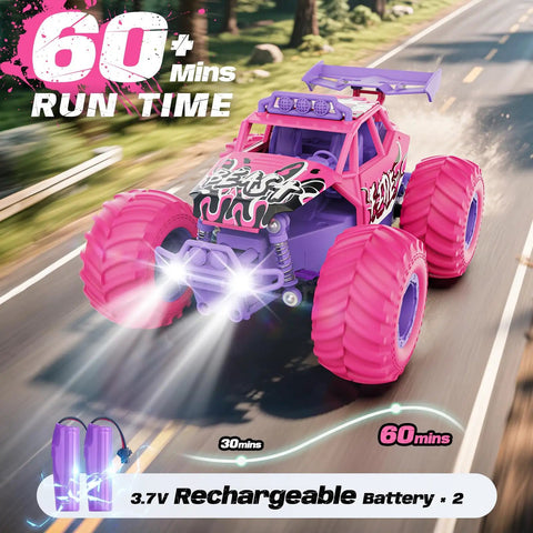 All Terrain Remote Control Monster Truck For Kids With Speed Switch And LED Headlights, 20 KMH Top Speed, Rechargeable Battery, Pink