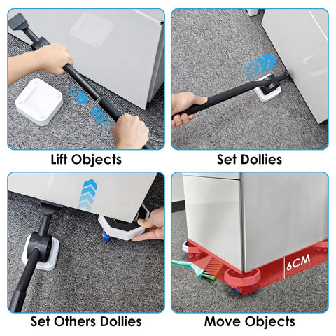 Heavy Duty Furniture Sliders And Moving Dollies With 360 Degree Swivel Wheels, Glide Sofas Like Butter, Silent Motion Kit For Fridges, Beds, Couches And Cabinets, No Sweat Rolling Rig in use to lift a fridge.