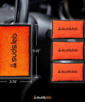 Microfiber Detailing Scrub Pads 2 Pack For Car Interior Cleaning And Detailing shown in orange with size dimensions