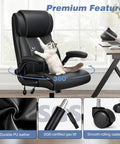 Ergonomic Office Chair For Home Or Office With Adjustable Lumbar Support Leather High Back Executive Style Flip Up Arms Rocking Mechanism All Day Comfort Black Finish with cat lounging on seat.