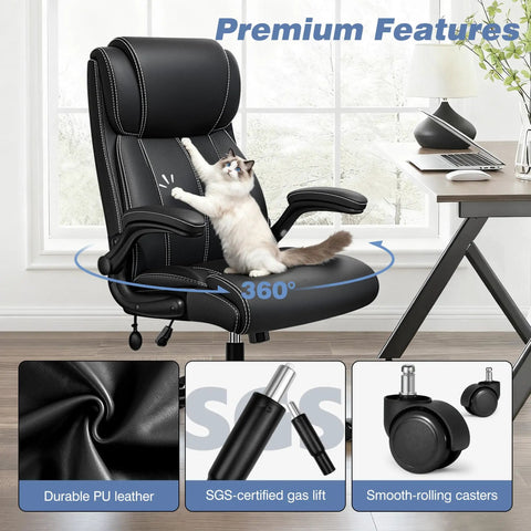 Ergonomic Office Chair For Home Or Office With Adjustable Lumbar Support Leather High Back Executive Style Flip Up Arms Rocking Mechanism All Day Comfort Black Finish with cat lounging on seat.