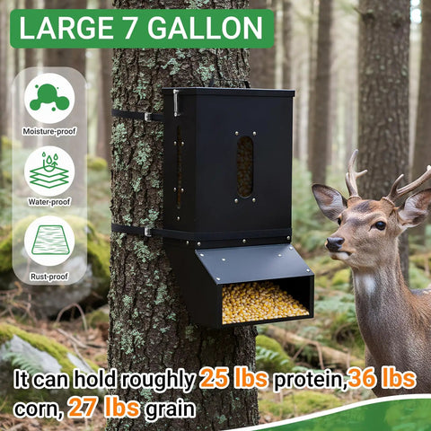 Heavy Duty 7 Gallon Gravity Deer Feeder Hanging Metal Box With Auto Dispenser Protein View Window Waterproof Galvanized Steel For Hunting Wildlife Trail Camera Ready Outdoor Durable Anti Rust Black