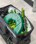 Reel X Stainless Steel Fishtape 240 Foot One Eighth Inch Wide in tool bag with green casing, for pulling cables and power lines.