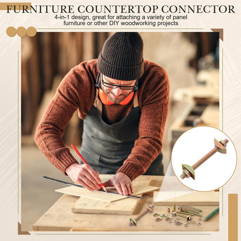 Man planning furniture assembly with Four In One Bed Frame Connector Kit M8x100mm, bolts, nuts, fasteners displayed on table