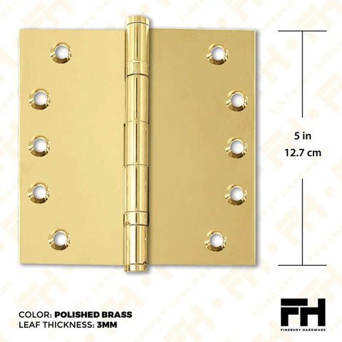 Beefy Heavy Duty Ball Bearing Door Hinges Solid Brass 5 By 5 Inches Polished Gold Finish With Decorative Screw On Tips