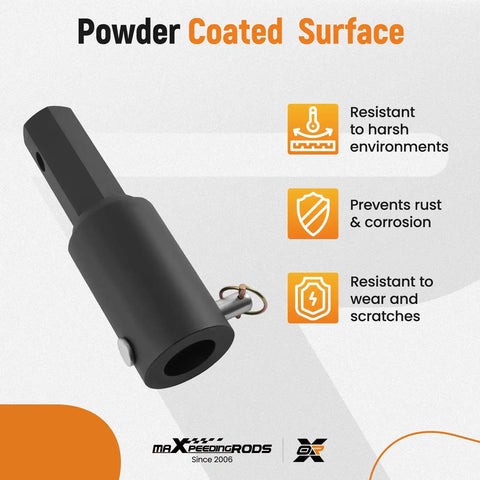 Dead Simple Auger Adapter Coupler Swapping Two Inch Female Round Drives For Two Inch Male Hex Bits On Mini Skid Steers And Post Hole Diggers With Quick Three Quarter Pin Lock Mount showing powder coated surface for durability.