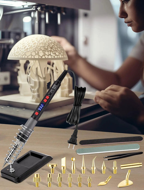 Dope 21 In 1 3D Printer Soldering Kit with 80W LCD Digital Iron, brass tips, adapter, nuts, stand, tweezers, sanding bits shown.
