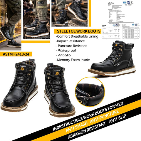 Waterproof Steel Toe Boots For Men 6 Inch Leather Moc Toe Work Shoes With Non Slip Grip Durable Construction Safety Footwear For Job Sites Black Size 11