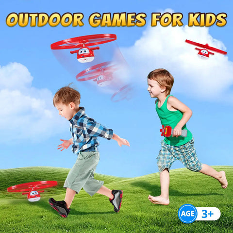 Kids playing with an Outdoor Flying Disc Launcher Toy For Kids Ages 3 4 5 6 7 8 Boys And Girls, Easy Pull String Airplane Themed Flying Toy