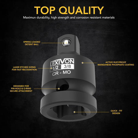 Impact Socket Adapter And Reducer Set For Quick Conversions From 1/4 To 3/8, 3/8 To 1/4, 3/8 To 1/2, And 1/2 To 3/8, Built From Chrome Molybdenum Alloy Steel, Heat Treated, 4 Piece Kit For Impact Drivers