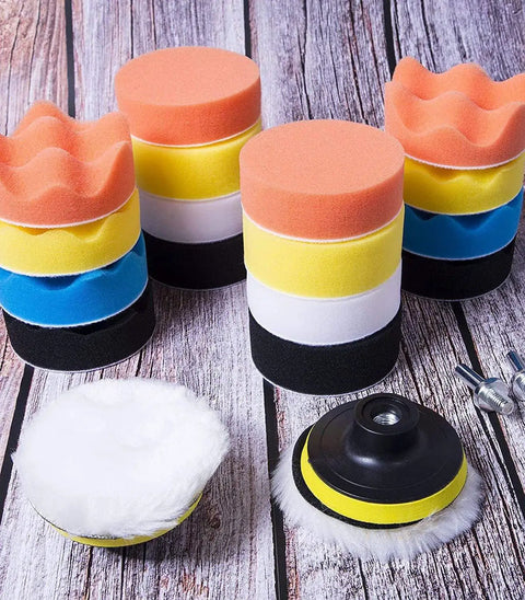 3 Inch 31 Piece Car Polishing Pad Kit With Foam Buffing Pads And Wool Buff Pad For Drill Quick Change Color Coded Sponges Display