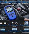 OBD2 Scanner Code Reader for Cars and Trucks in use with engine fault codes display, showing freeze frame and IM readiness steps.