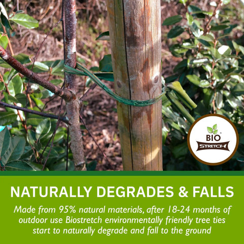 Extra Wide Soft Tree Ties for Big Plants and Young Trees, Ultra Strong and Stretchy, tied around a wooden post in a garden.