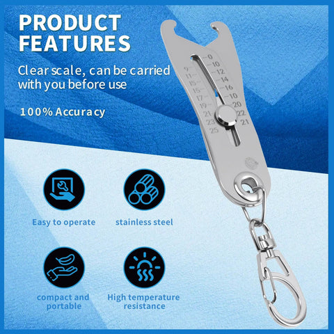 Front view: Aphohome bolt size finder keychain, stainless steel precision gauge with dual metric/SAE scale, 2-pack