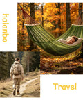 Person resting in Compact Ultralight Camping Hammock With Tree Straps And Storage Bag No Stand Needed For Outdoor Use, Green.
