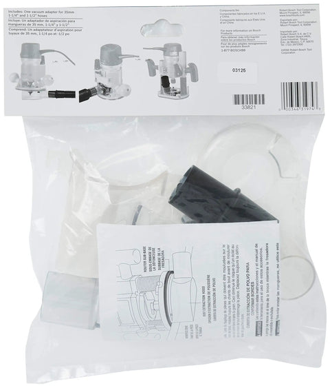 Router Dust Hood Kit For 1-1/4 Inch And 1-1/2 Inch Ports in packaging, includes multiple accessories and installation instructions.