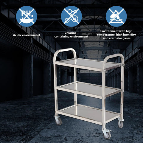 Three Shelf Stainless Steel Serving Cart With Wheels 400 Lb Capacity 1mm Thick Steel Locking Wheels And 360 Degree Rotation
