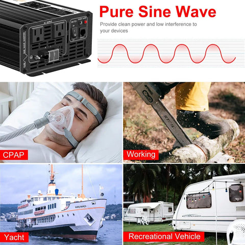 Collage showing 2000W Pure Sine Wave Inverter with uses: powering CPAP, tools, yacht, and RV in off-grid settings.