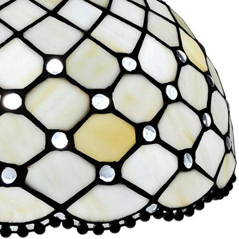 Close-up of Tiffany Style Hanging Pendant Lamp 12 Inch Stained Glass With White Jeweled Inset Antique Vintage Decor