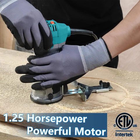 Beefy 6.5 Amp 1.25 HP Palm Router For Woodworking in use on wood with variable speeds and quick depth adjust