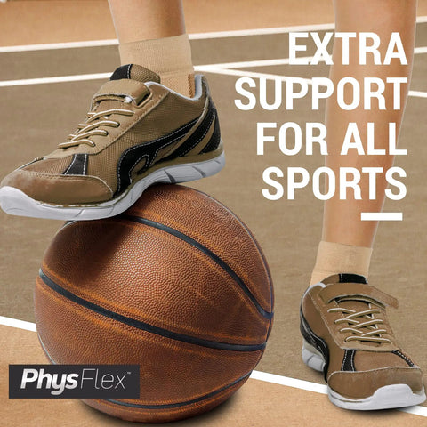 Person wearing PhysFlex sneakers and socks next to a basketball on court, emphasizing support for sports activities.