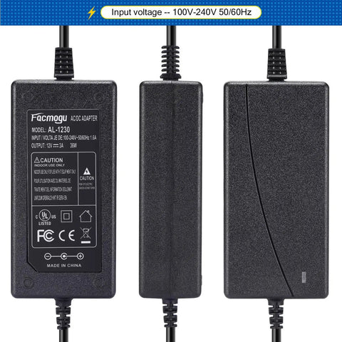 Workhorse 12V 3A Power Adapter showing specifications and input voltage range for low power devices, front and side view